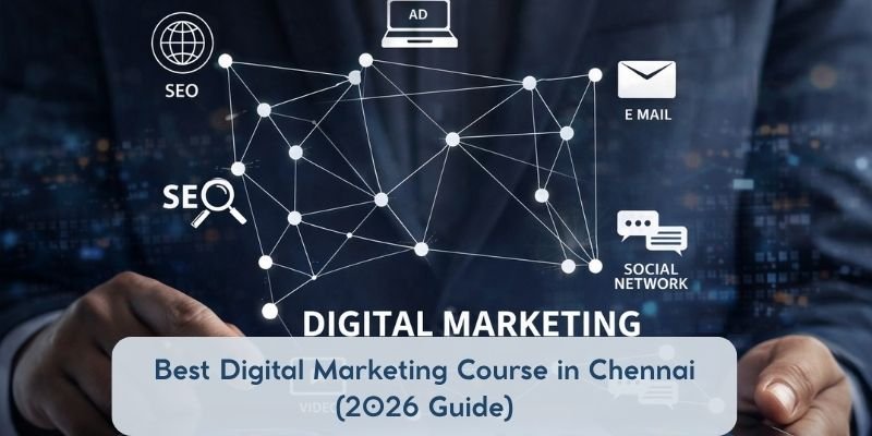 Digital marketing concepts including SEO, social media, email marketing and online advertising strategies visualized with network connections