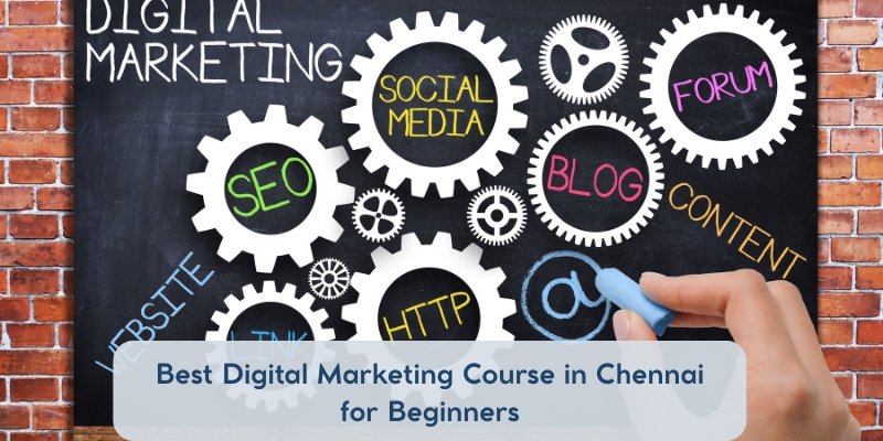 Digital marketing concepts including SEO, social media, blog content, and website strategy illustrated with gear icons on a board