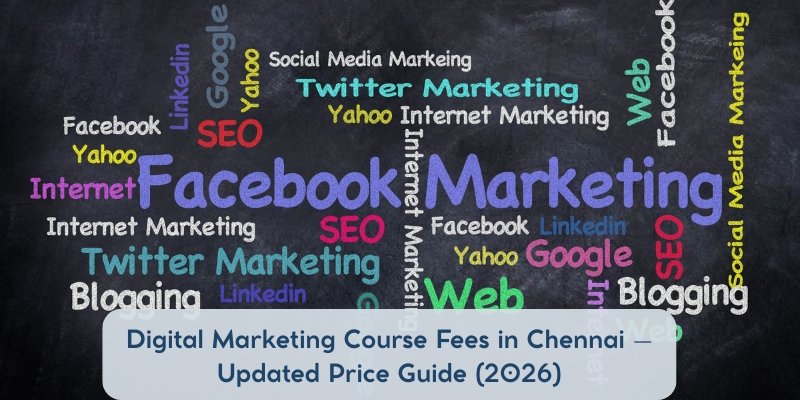 Digital marketing keywords like SEO, Facebook marketing, Google, blogging, and social media marketing displayed on a board