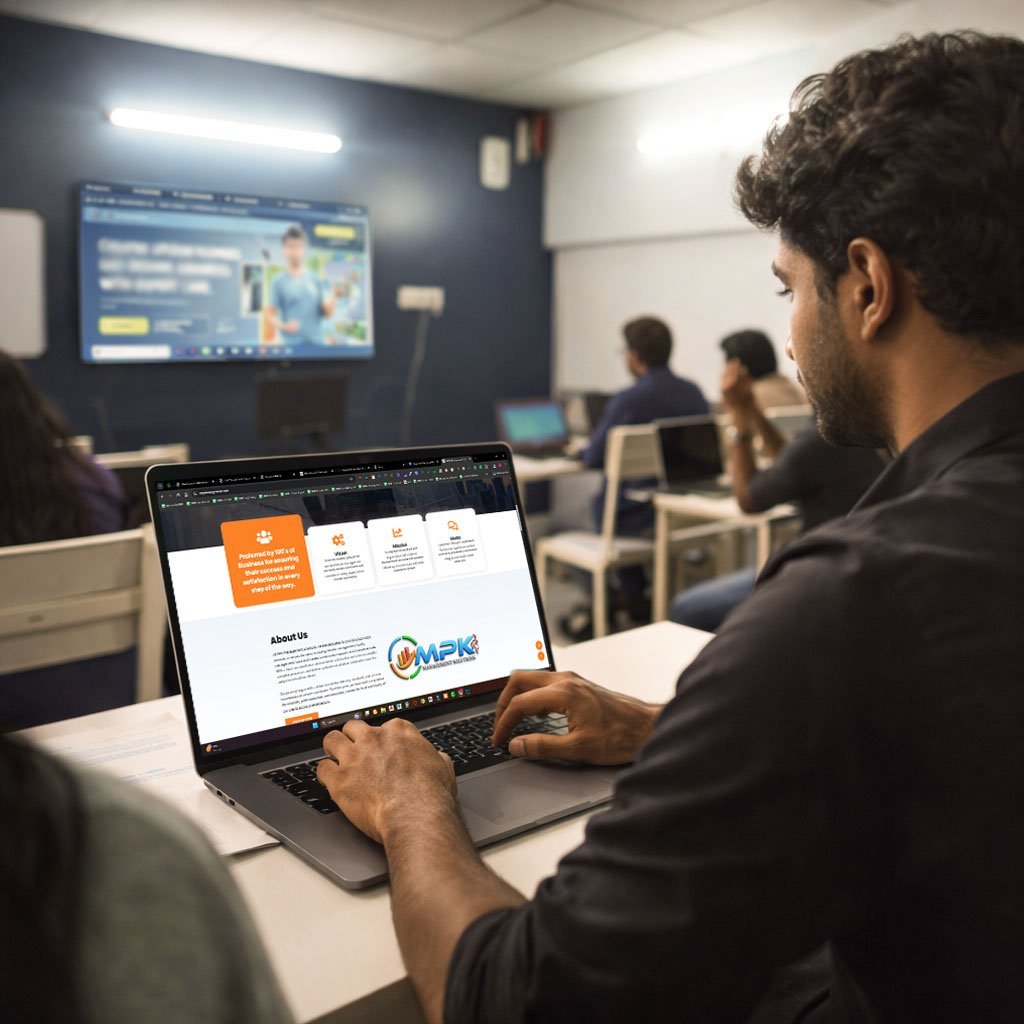 Student attending a digital marketing course and working on a laptop in a modern classroom
