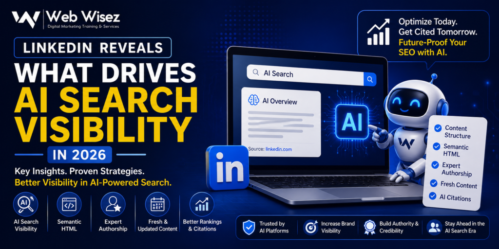 LinkedIn AI Search Visibility research illustration showing AI SEO, semantic HTML, expert authorship, and content optimization strategies