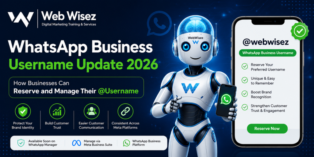 WhatsApp Business Username Update 2026 infographic explaining how to reserve, manage, change, and delete a WhatsApp Business @username using WhatsApp Manager and Meta Business Suite.