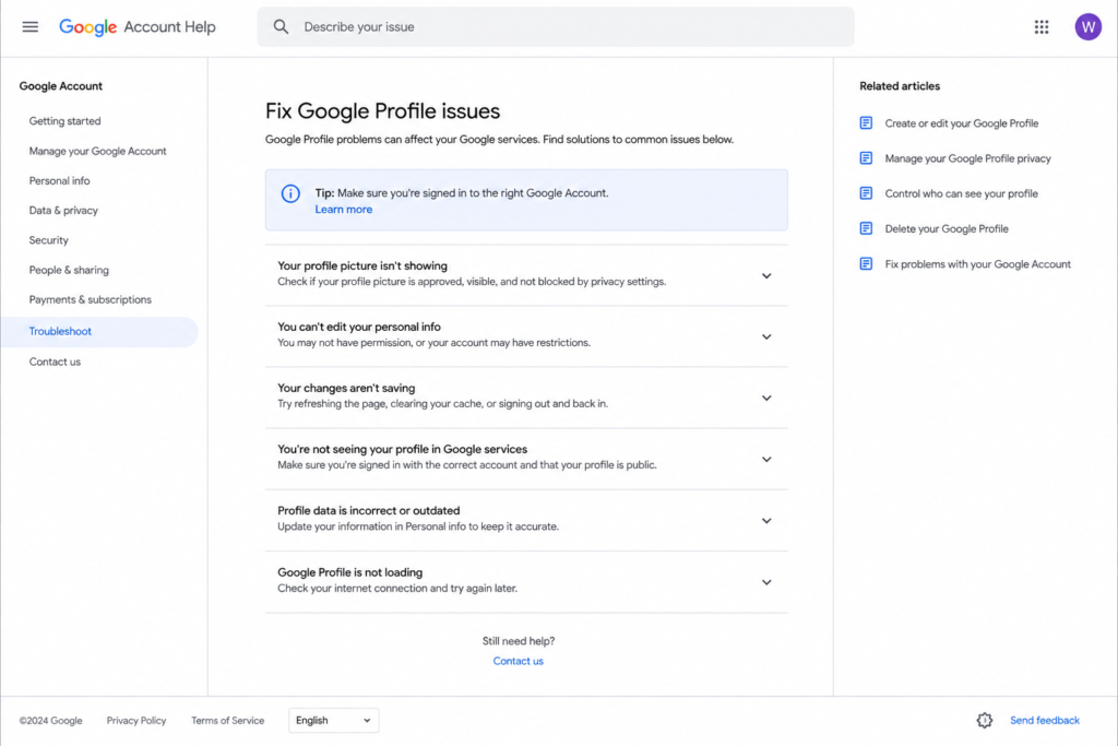 Google Account Help page displaying troubleshooting options for common Google Profile issues, including profile picture, personal information, profile visibility, and loading problems.