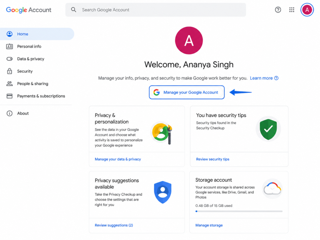 Google Account home page displaying the “Manage your Google Account” button highlighted with a blue arrow, alongside privacy, security, and storage management cards.