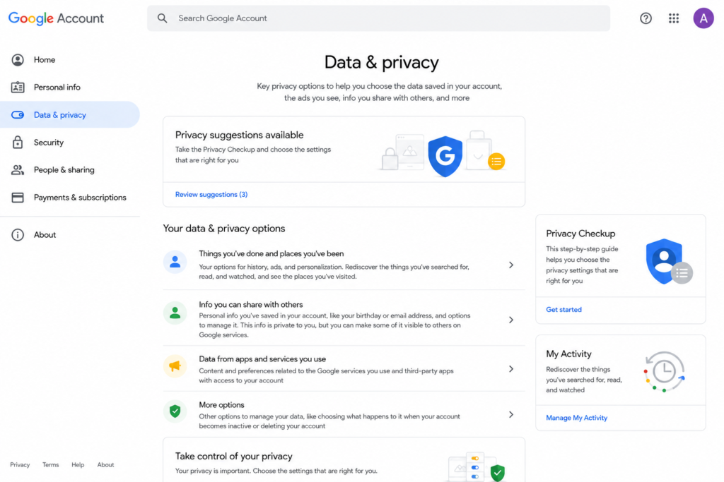 Google Account Data & Privacy page showing privacy settings, activity controls, and data management options.
