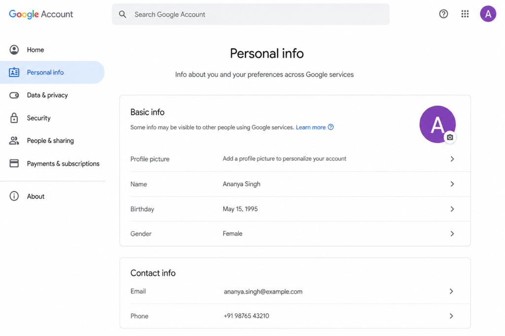 Google Account Personal Info page displaying profile details, including name, birthday, gender, email address, and phone number.