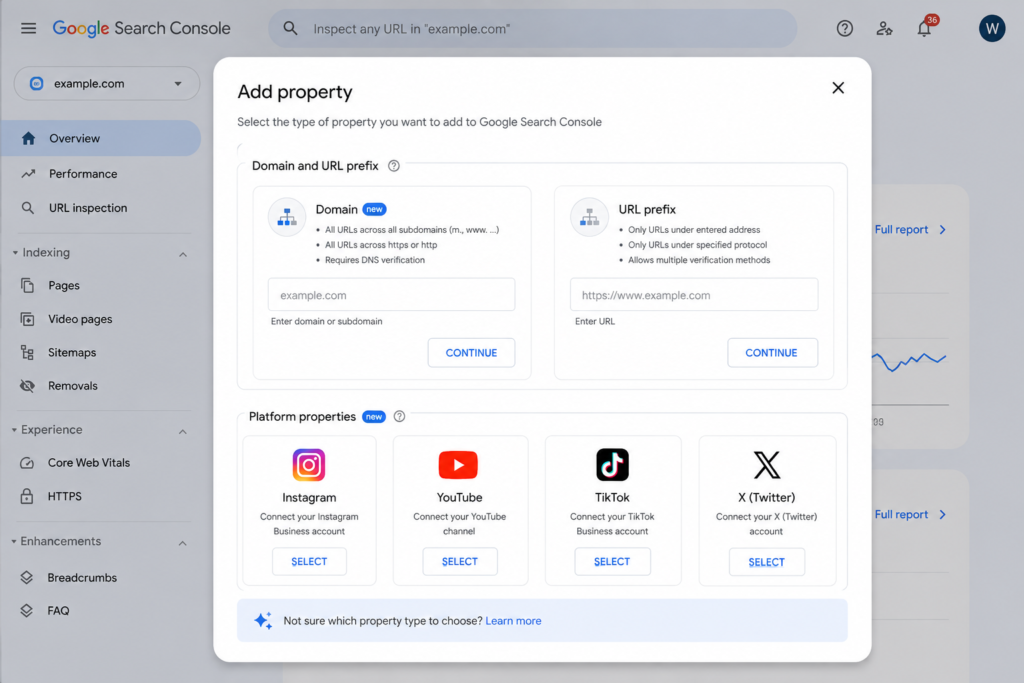 Google Search Console Add Property window displaying Domain, URL Prefix, and Platform Properties options for Instagram, YouTube, TikTok, and X (Twitter).