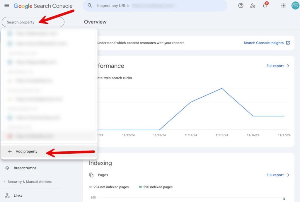Google Search Console showing the Search Property dropdown with the Add Property option highlighted.